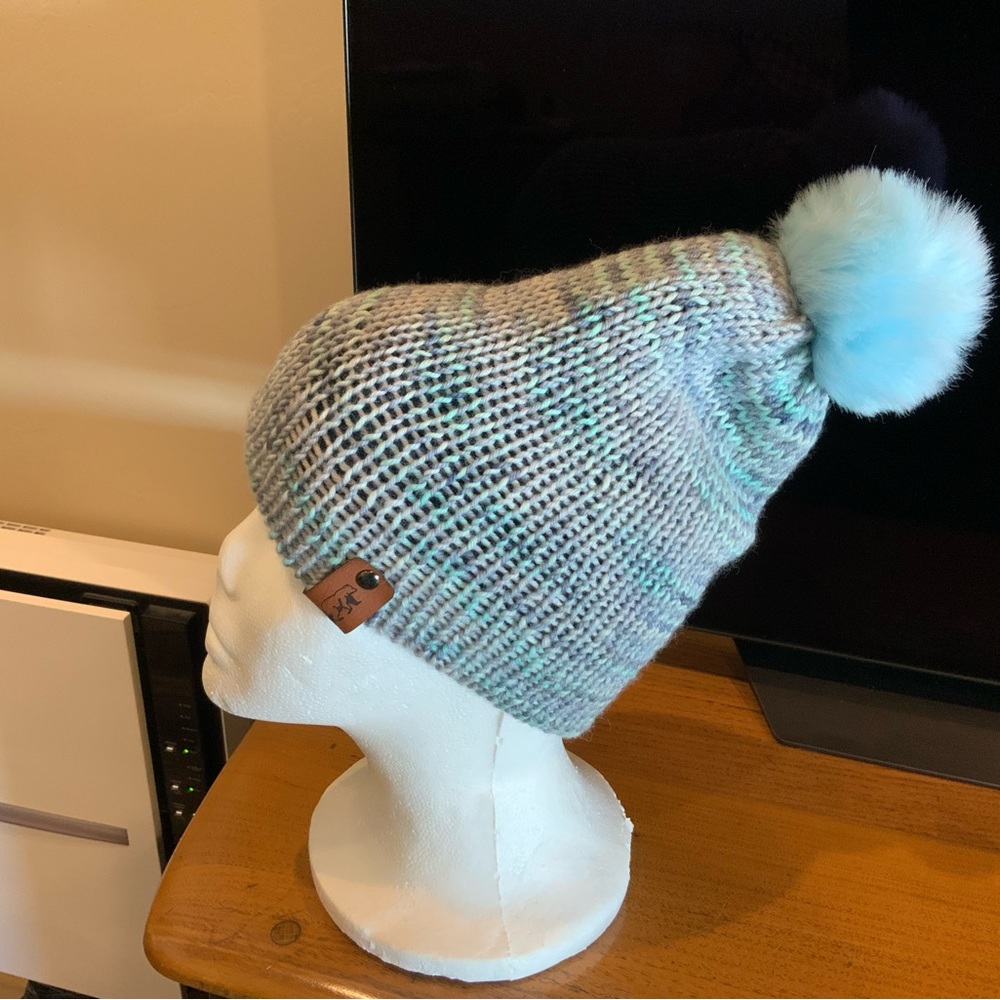 Slouchy Knitted Winter Reversible Hat with Real faux Fur Snap Pom